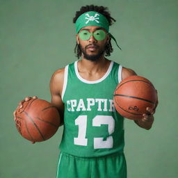 A pirate with a green athletic outfit and an eye patch posing athletically while holding a basketball, with the phrase 'captar' integrated into the composition.