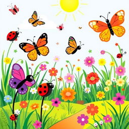 A whimsical and colorful garden filled with butterflies, ladybugs, and other friendly insects