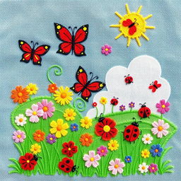 An embroidery pattern of a whimsical and colorful garden filled with butterflies, ladybugs, and other friendly insects