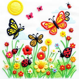 An embroidery pattern of a whimsical and colorful garden filled with butterflies, ladybugs, and other friendly insects