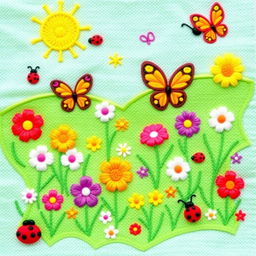 An embroidery pattern of a whimsical and colorful garden filled with butterflies, ladybugs, and other friendly insects