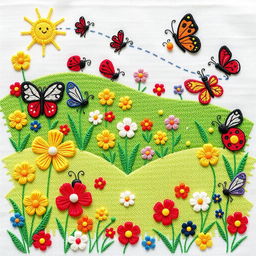 An embroidery pattern of a whimsical and colorful garden filled with butterflies, ladybugs, and other friendly insects