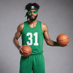 A pirate with a green athletic outfit and an eye patch posing athletically while holding a basketball, with the phrase 'captar' integrated into the composition.