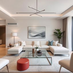 A living room with modern furniture, featuring sleek lines, minimalist design, and contemporary decor