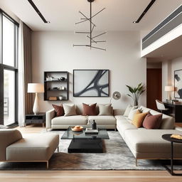 A living room with modern furniture, featuring sleek lines, minimalist design, and contemporary decor