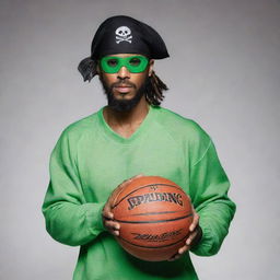 A pirate with a green athletic outfit and an eye patch posing athletically while holding a basketball, with the phrase 'captar' integrated into the composition.