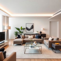 A living room with modern furniture, featuring sleek lines, minimalist design, and contemporary decor