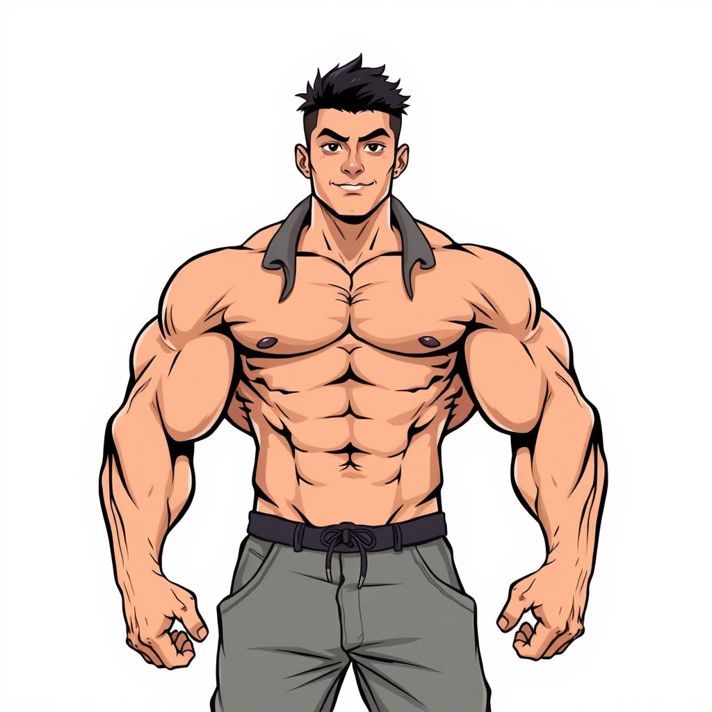 A detailed illustration of an Asian man with big muscles, showcasing his strong physique