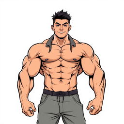 A detailed illustration of an Asian man with big muscles, showcasing his strong physique