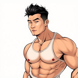 A detailed illustration of an Asian man with big muscles, showcasing his strong physique