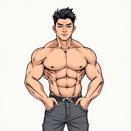 A detailed illustration of an Asian man with big muscles, showcasing his strong physique