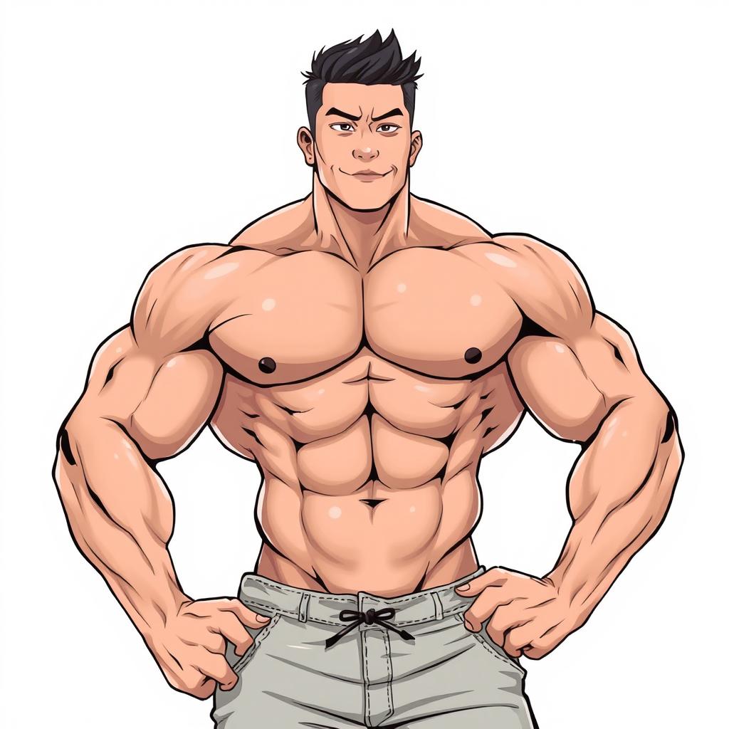 A detailed illustration of an Asian man with big muscles, showcasing his strong physique