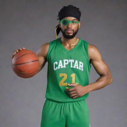 A pirate with a green athletic outfit and an eye patch posing athletically while holding a basketball, with the phrase 'captar' integrated into the composition.