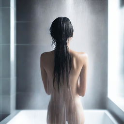 A black-haired girl is taking a shower, with water cascading down around her in a steamy bathroom