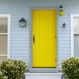 Generate an image of a stylish house painted in a combination of cool pastel shades of blue and grey, with white trims. The front door should be a bold, bright yellow for contrast.