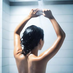 A black-haired girl taking a shower, with water cascading down her hair and body