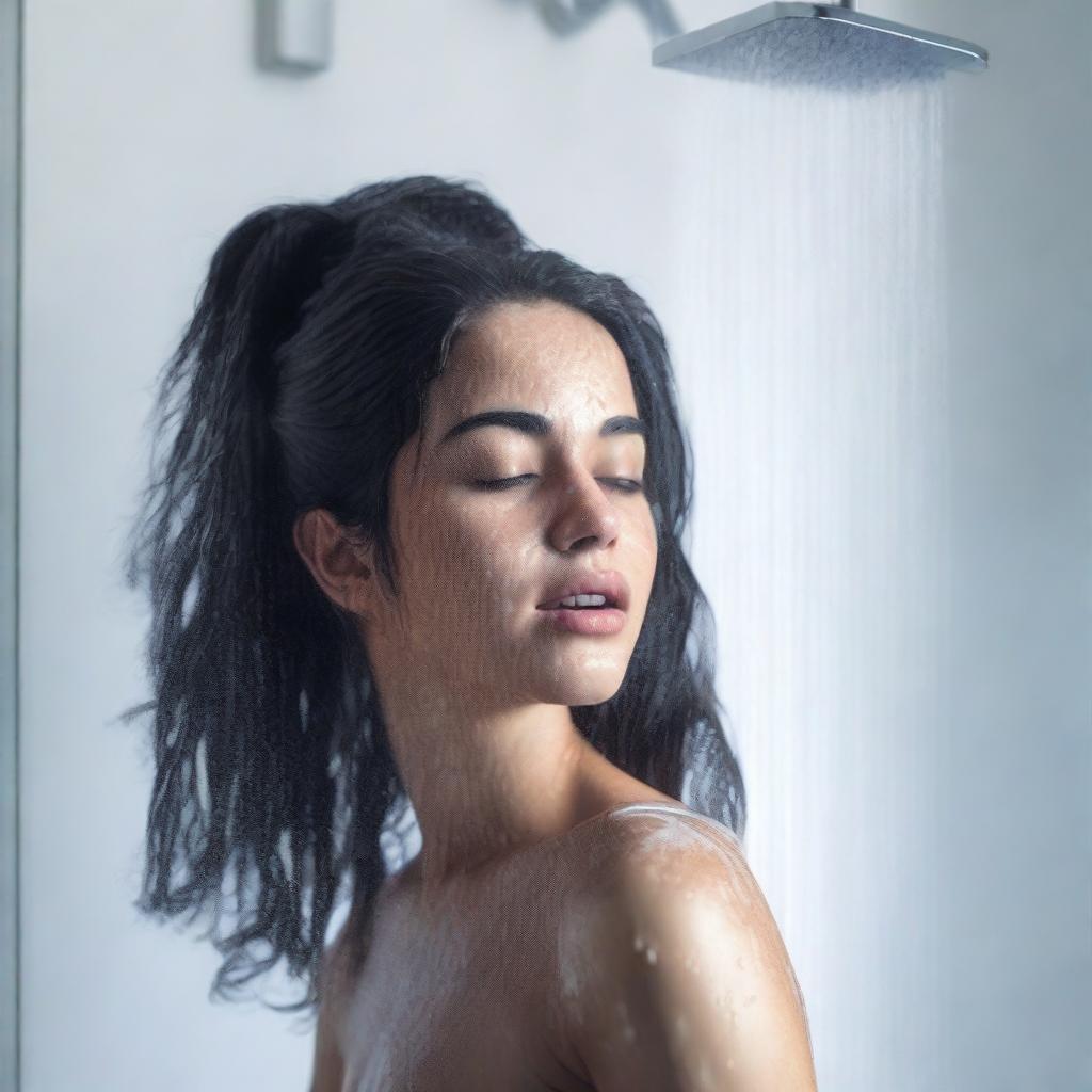 A black-haired girl taking a shower, with water cascading down her hair and body