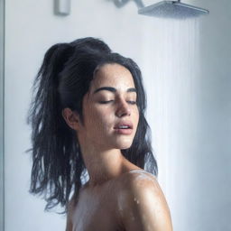 A black-haired girl taking a shower, with water cascading down her hair and body