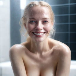 A blonde woman with an alluring appearance sitting in a shower