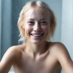 A blonde woman with an alluring appearance sitting in a shower