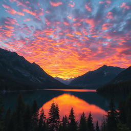 Create a beautiful and serene landscape featuring a sunset over a calm lake surrounded by mountains and trees