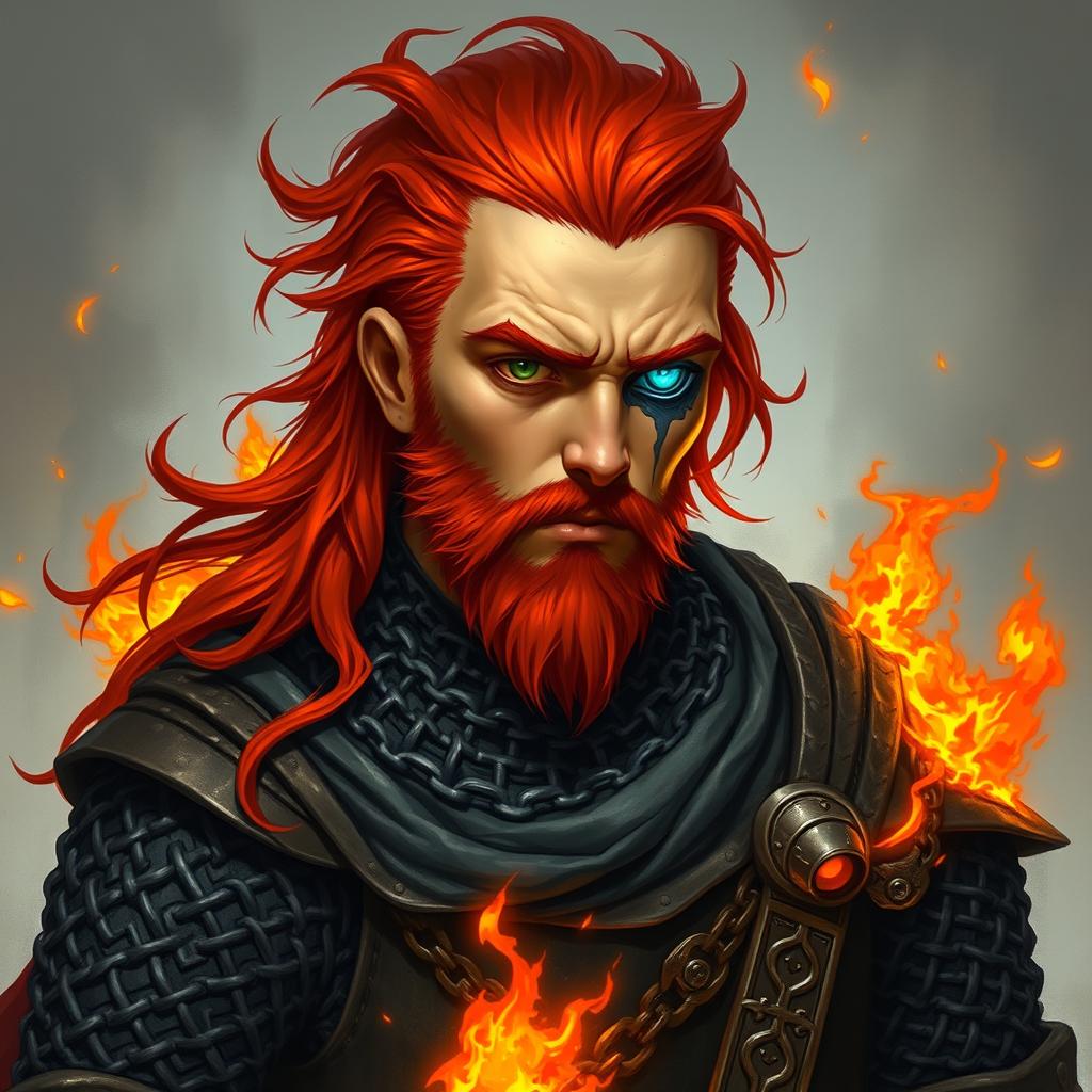 A fire genasi cleric wearing chainmail armor with fiery red hair and pale orange skin