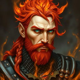 A fire genasi cleric wearing chainmail armor with fiery red hair and pale orange skin