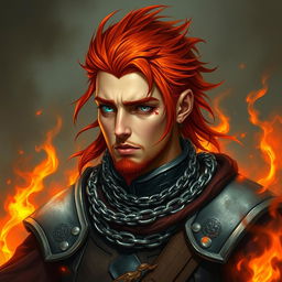 A fire genasi cleric wearing chainmail armor with fiery red hair and pale orange skin