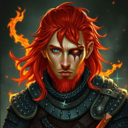 A fire genasi cleric wearing chainmail armor with fiery red hair and pale orange skin