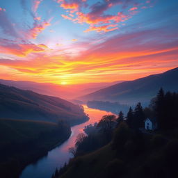 A beautiful, serene landscape featuring a vibrant sunset over rolling hills, with a calm river flowing through the scene and a small cottage nestled among trees