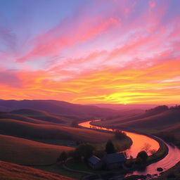 A beautiful, serene landscape featuring a vibrant sunset over rolling hills, with a calm river flowing through the scene and a small cottage nestled among trees