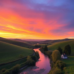 A beautiful, serene landscape featuring a vibrant sunset over rolling hills, with a calm river flowing through the scene and a small cottage nestled among trees