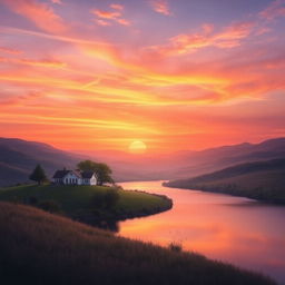 A beautiful, serene landscape featuring a vibrant sunset over rolling hills, with a calm river flowing through the scene and a small cottage nestled among trees