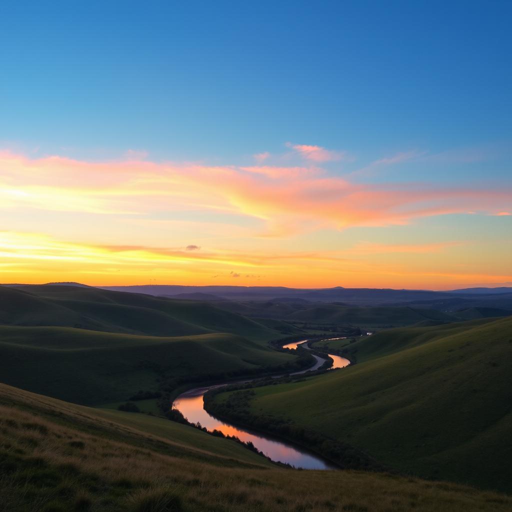 A beautiful landscape featuring rolling hills, a clear blue sky, and a vibrant sunset with shades of orange and pink