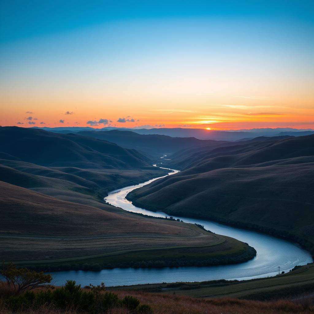 A beautiful landscape featuring rolling hills, a clear blue sky, and a vibrant sunset with shades of orange and pink