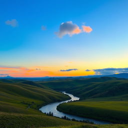 A beautiful landscape featuring rolling hills, a clear blue sky, and a vibrant sunset with shades of orange and pink