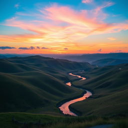 A beautiful landscape featuring rolling hills, a clear blue sky, and a vibrant sunset with shades of orange and pink