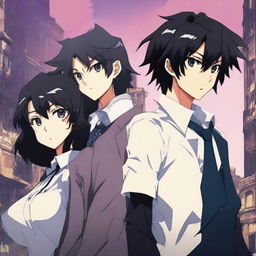 Create an anime-style cover showing a high school man and woman standing on opposite sides of a city with huge contrast colors