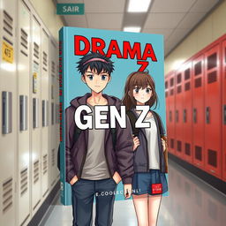 A realistic book cover titled 'Drama Gen Z', featuring high school characters, a boy and a girl