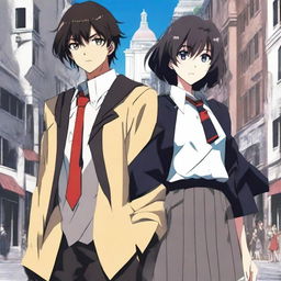 Create an anime-style cover showing a high school man and woman standing on opposite sides of a city with huge contrast colors