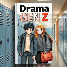 A realistic book cover titled 'Drama Gen Z', featuring high school characters, a boy and a girl