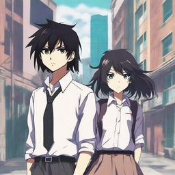 Create an anime-style cover showing a high school man and woman standing on opposite sides of a city with huge contrast colors