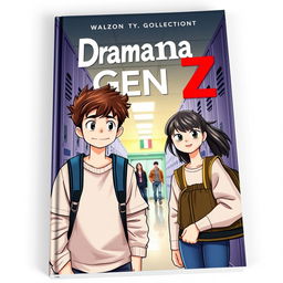 A realistic book cover titled 'Drama Gen Z', featuring high school characters, a boy and a girl