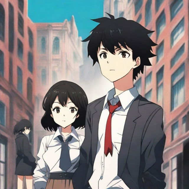 Create an anime-style cover showing a high school man and woman standing on opposite sides of a city with huge contrast colors