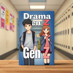 A realistic book cover titled 'Drama Gen Z', featuring high school characters, a boy and a girl