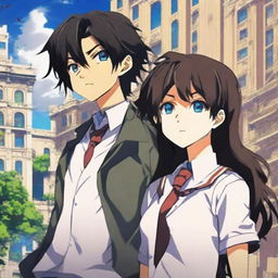 Create an anime-style cover showing a high school man and woman standing on opposite sides of a city with huge contrast colors