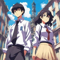 Create an anime-style cover showing a high school man and woman standing on opposite sides of a city with huge contrast colors