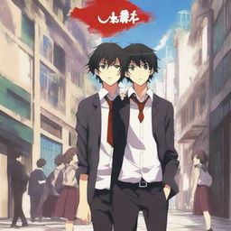 Create an anime-style cover showing a high school man and woman standing on opposite sides of a city with huge contrast colors