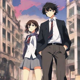 Create an anime-style cover showing a high school man and woman standing on opposite sides of a city with huge contrast colors