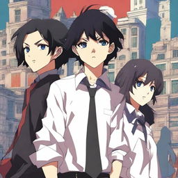 Create an anime-style cover showing a high school man and woman standing on opposite sides of a city with huge contrast colors